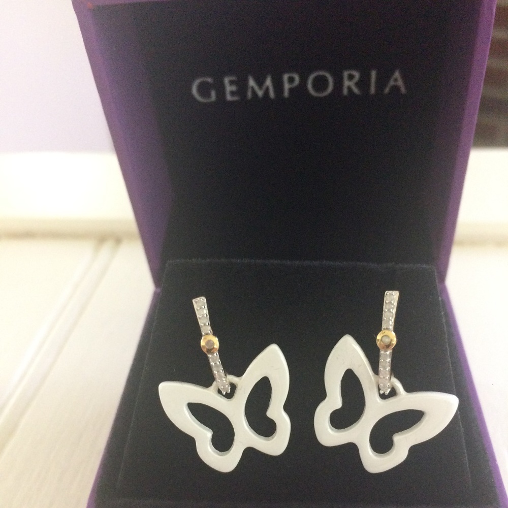 Diamond & 9k Gold White Ceramic Butterfly Earrings